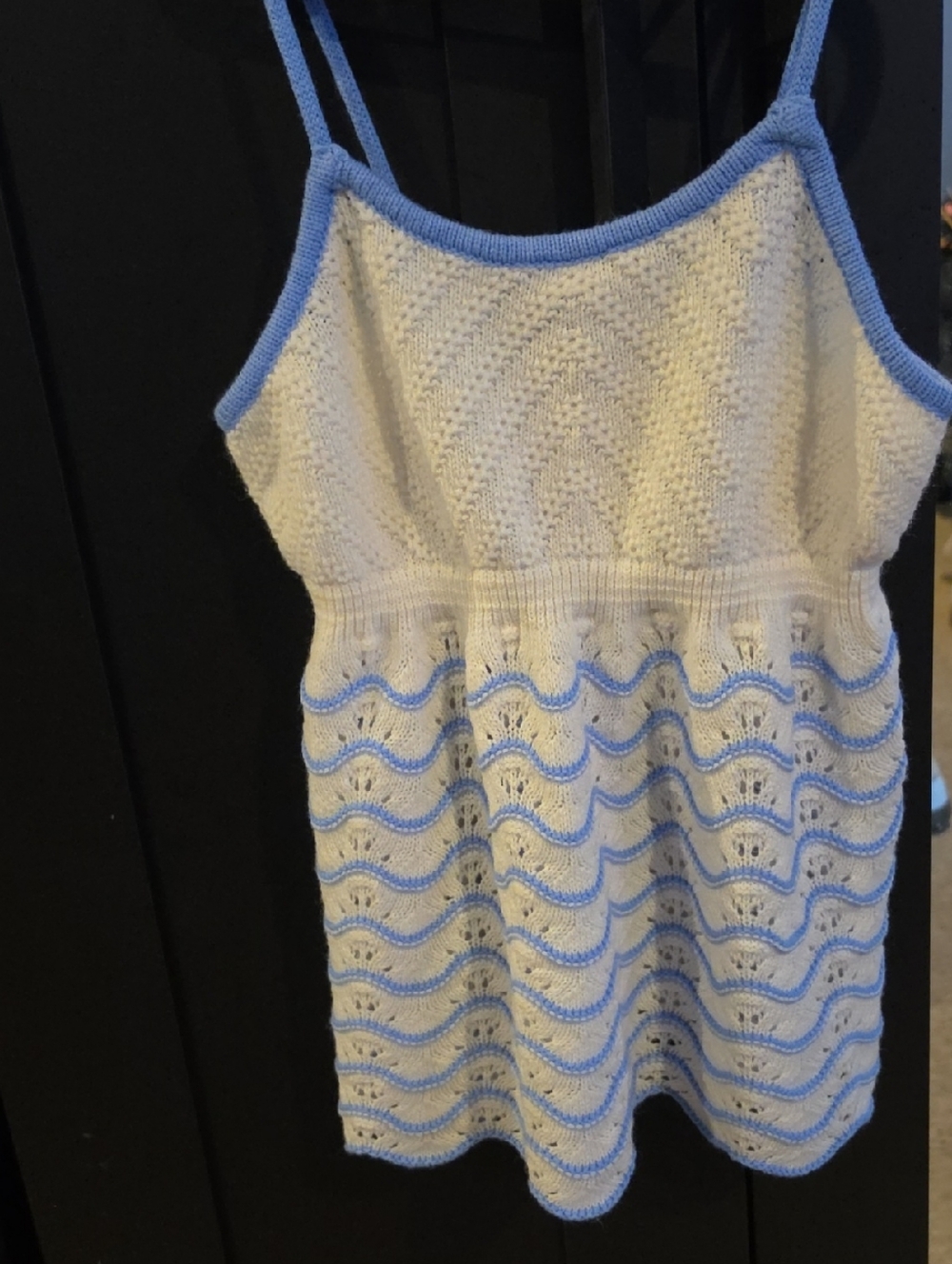 White and Light Blue Knit Sundress with Tie Straps